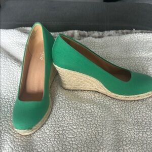 J. Crew Green Canvas Wedge Espadrilles